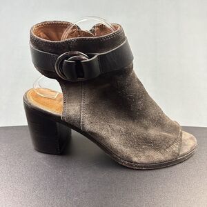 Frye Ankle Boots Womens 9.5M Brown Danica Harness Suede Leather Peep Toe Booties